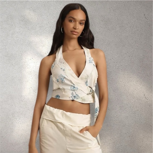 Anthropologie Pilcro Cotton Floral Halter Buckle Wrap Top White Blue Large NWT - Picture 1 of 16